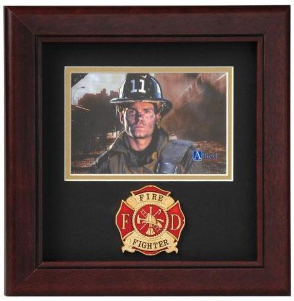 Mahogany wooden picture frame with firefighter medallion and 4x6 photo opening.