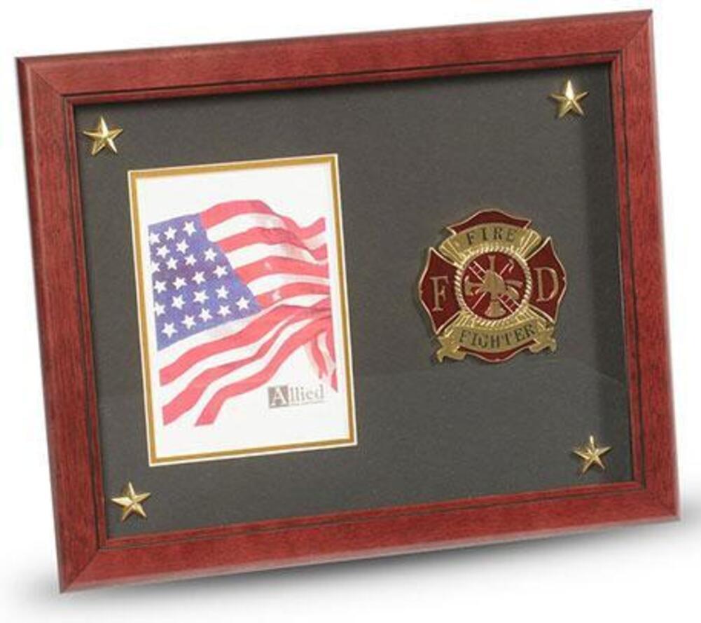 Elegant firefighter medallion picture frame with gold trim and star accents, designed to hold a 5x7 inch photo.