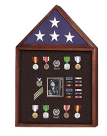 Flag Connections display case showcasing a military flag with a black background, available in Oak, Walnut, or Cherry finishes.