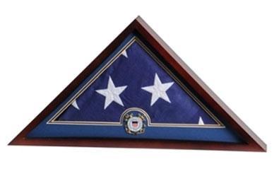 Flag Connections Flag Display Case made of mahogany hardwood with a Coast Guard medallion, featuring a glass front and felt-lined back.