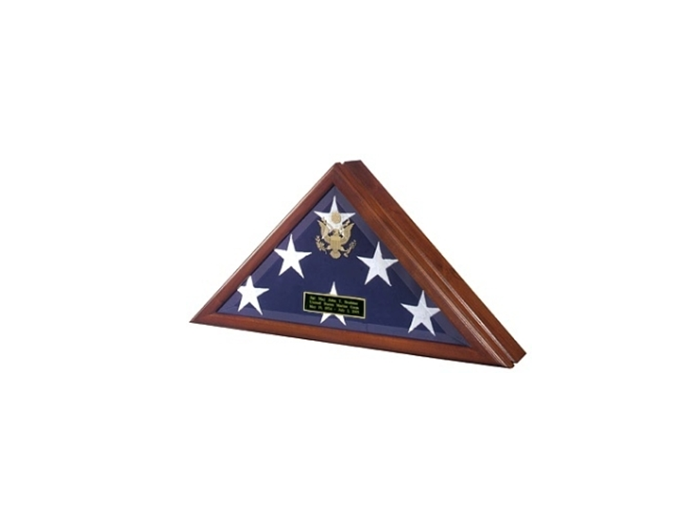 Flag Connections Flag Display Case in Walnut finish with beveled glass and hinged lid, showcasing a flag inside.