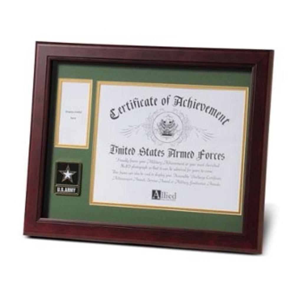 Go Army Certificate & Medal Frame featuring mahogany wood, Army green matting, and golden stars.