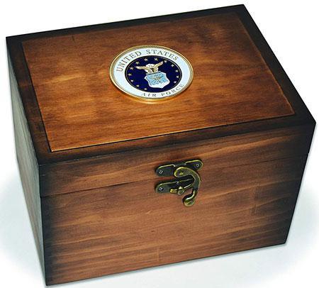 Handcrafted Air Force Wings Keepsake Box with gold-plated medallion and dark oak finish, featuring a removable shelf tray and brass latch.