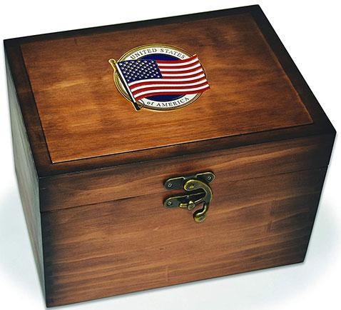 Flag Connections Keepsake Box with US Flag medallion, handcrafted dark oak finish, and brass latch.