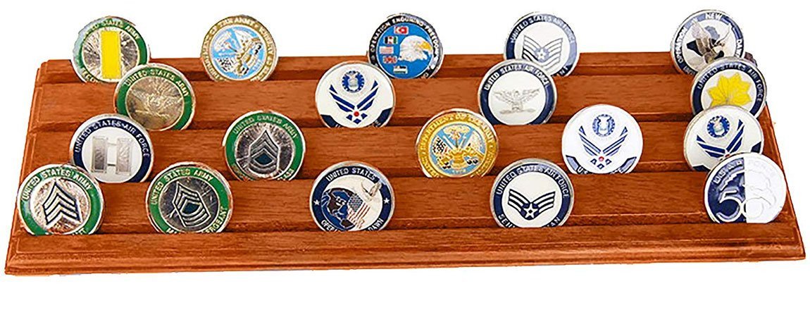 Flag Connections Military Challenge Coin Holder Stand made of solid walnut, featuring four rows for displaying up to 40 challenge coins elegantly.