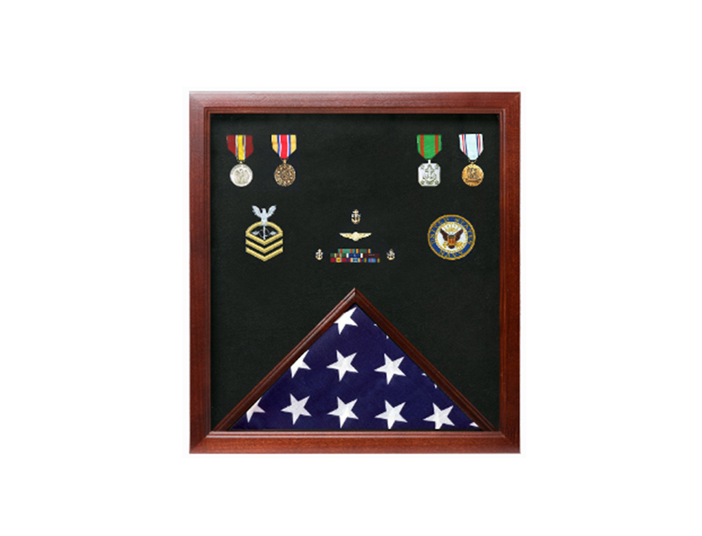Flag Connections Military Flag and Medal Display Case showcasing a U.S. flag and medals in an elegant wooden frame.