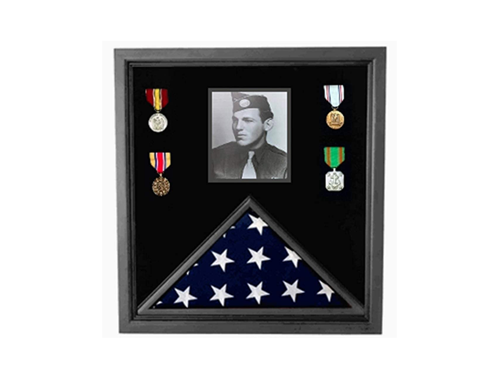 Military Photo Flag and Medal Display Case featuring a black frame, designed to hold a folded American flag, medals, and photographs, handcrafted by veterans.