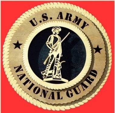 Handcrafted National Guard Wooden Wall Tribute, available in 9 inch and 12 inch sizes, made by American veterans.