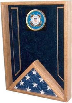 Navy Flag Display Case showcasing a 3ft x 5ft flag with medals and insignia, crafted from solid hardwood with a glass front.