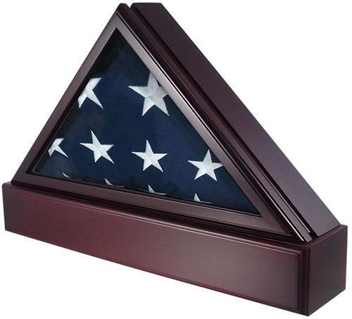 Officers Flag Display Case in oak finish showcasing a 5ft x 9.5ft flag with beveled glass front and hinged lid.
