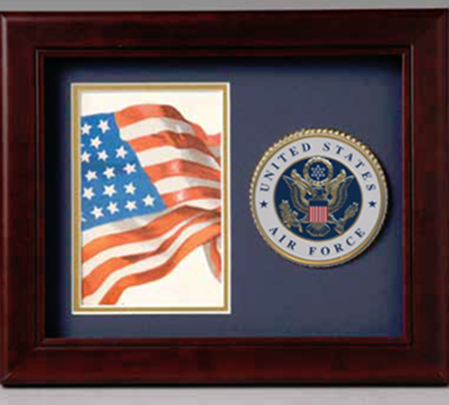 Air Force Photo and Medallion Frame showcasing a photo and medallion with the Air Force logo, handmade in the USA.