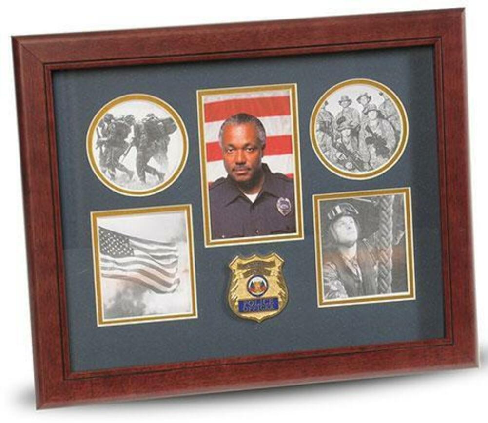 Flag Connections Police Department Medallion 5-Picture Collage Frame featuring dark blue matting and gold trim, holding five pictures.