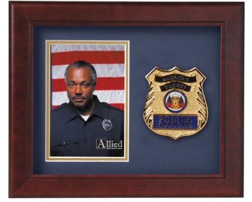 Mahogany wooden picture frame with Police Officer medallion, displaying a vertical 4x6 photo.