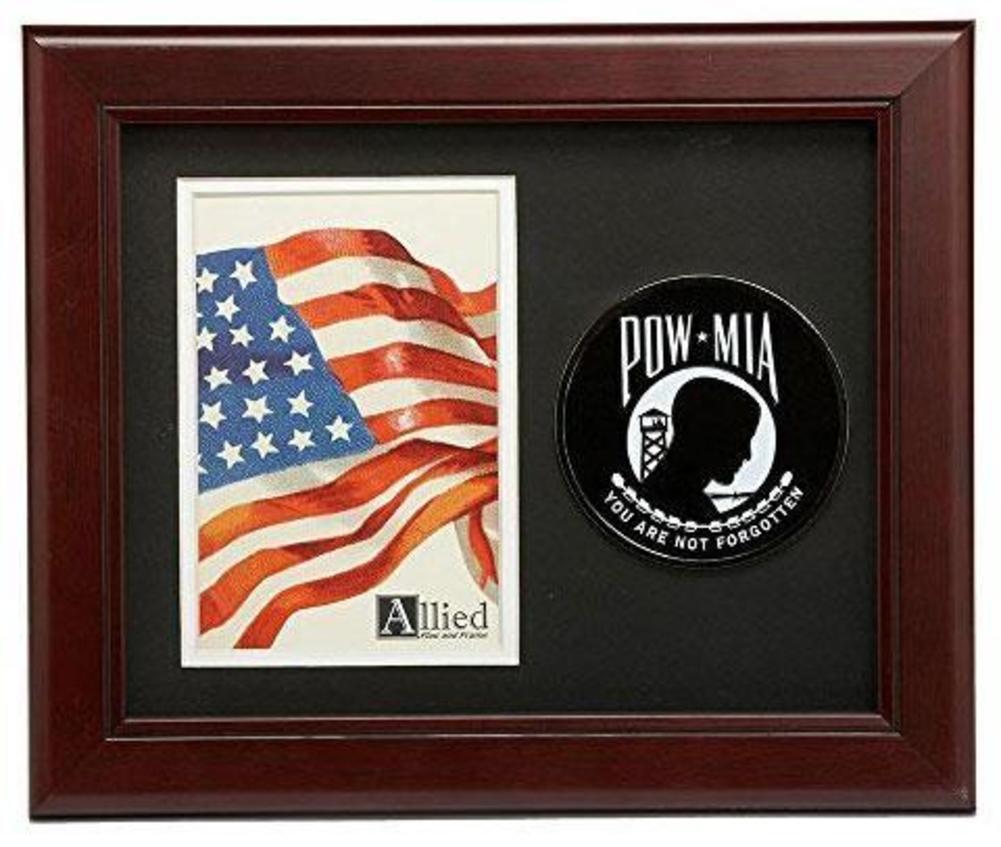 POW/MIA Medallion Portrait Picture Frame displaying a 4-Inch by 6-Inch photo, featuring elegant mahogany wood and double layer black matting.