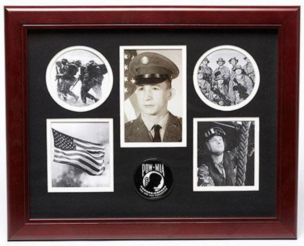 Flag Connections POW/MIA Medallion 5 Picture Collage Frame showcasing five photo openings with elegant black matting and mahogany wood.