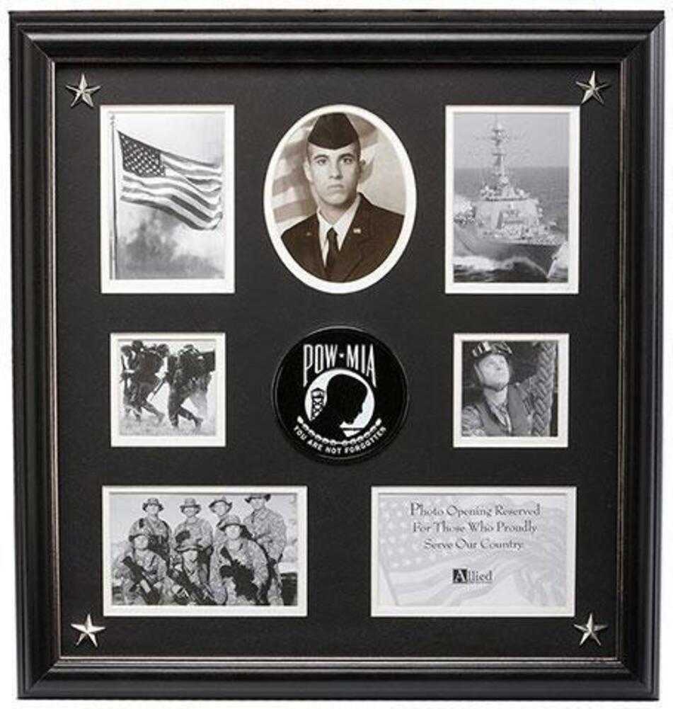 POW/MIA Medallion 7 Picture Collage Frame with Stars, featuring black and silver design, holds seven photos in various sizes.