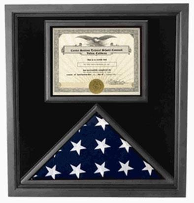 Premium USA-made solid wood flag document case in black, featuring a clear plexiglass front and space for a 3' x 5' flag and an 8.5 x 11 certificate.