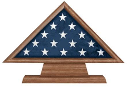 Flag Connections Retirement Flag Memorial Case made of solid walnut with an acrylic front, displayed on a unique pedestal.