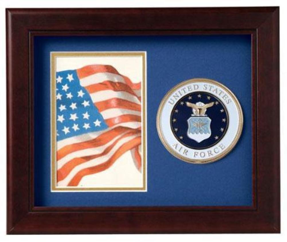 Mahogany wooden picture frame with U.S. Air Force medallion, designed for 4x6 inch vertical photos.