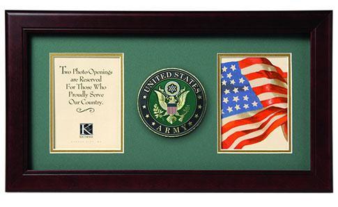 Mahogany dual picture frame featuring U.S. Army medallion, holds two 4x6 photos.