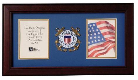 Mahogany colored dual picture frame featuring U.S. Coast Guard medallion and two 4x6 inch photo openings.