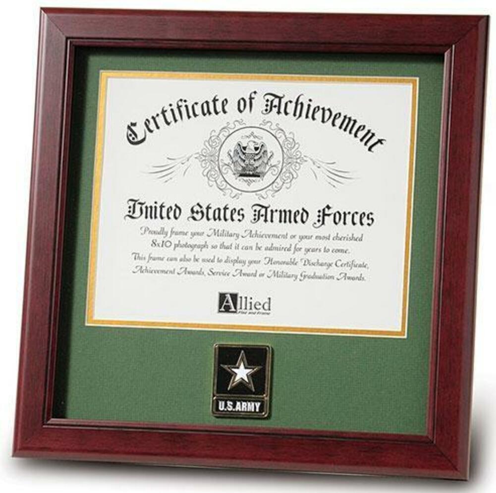Go Army Medallion Certificate Frame with Army Green matting and Gold trim, showcasing an 8x10 inch document.