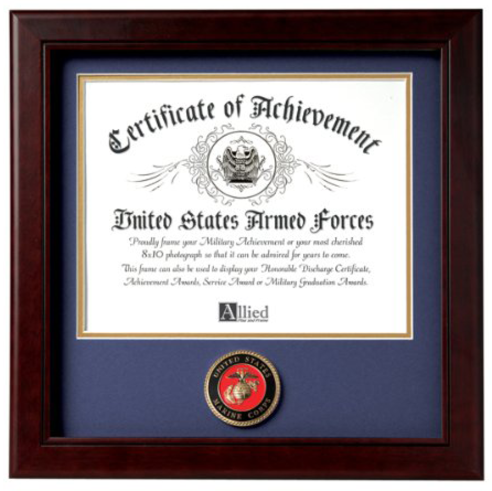 Mahogany wooden frame with U.S. Marine Corps medallion, displaying an 8x10 inch certificate.