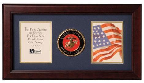 Elegant mahogany dual picture frame featuring a U.S. Marine Corps medallion and two vertical photo openings.