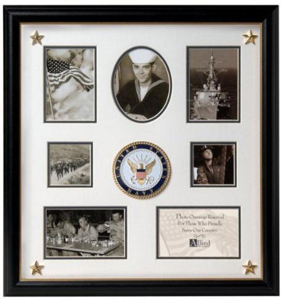 Elegant black wooden collage frame with gold trim and U.S. Navy medallion, featuring multiple photo openings.