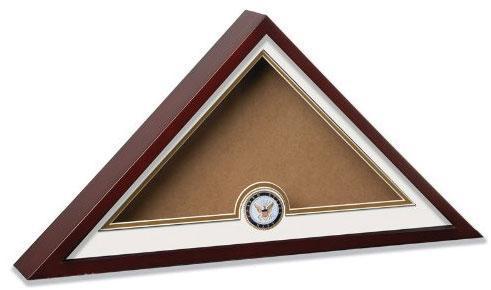 United States Navy Interment Burial Flag Display Case in rich mahogany with glass insert, showcasing a burial flag and US Navy Medallion.
