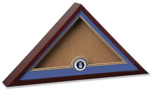 Flag Connections US Air Force burial flag display case made of mahogany hardwood with glass insert and Air Force medallion.