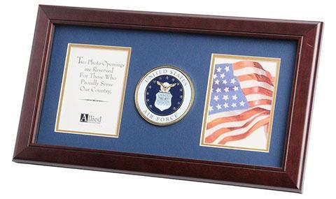 U.S. Air Force Medallion Double Picture Frame with blue matting and gold trim, displaying two 4x6 inch photos.