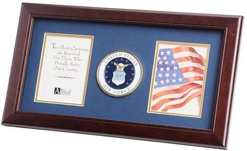 U.S. Air Force Medallion display featuring blue matting and gold trim, with two 4x6 photo openings in a mahogany-finished wood frame.