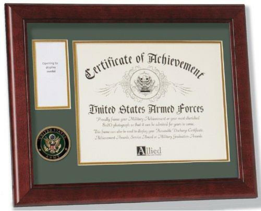 U.S. Army Medal and Award Frame with Medallion, featuring a mahogany stained wood finish and elegant bevel-cut matting.