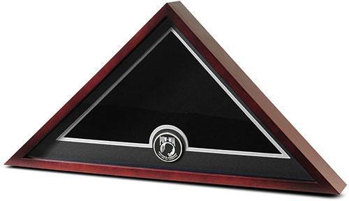 Flag Connections US Flag Display Case made of mahogany hardwood with a POW/MIA gold-plated medallion, designed to hold a 5' x 9' interment flag.