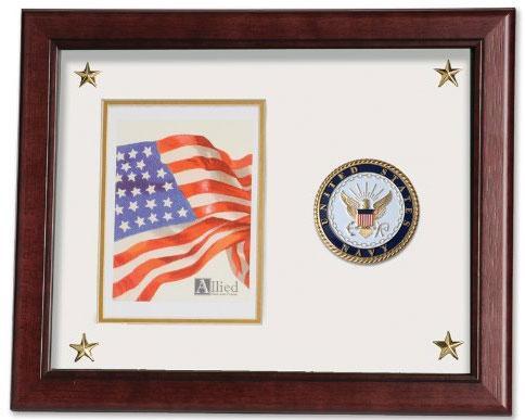 Elegant U.S. Navy picture frame with a medallion and golden stars, designed for a 5x7 photo.