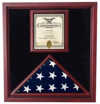 Elegant solid oak flag and document case displaying a 3x5 American flag and an 8.5x11 document, featuring luxurious black felt backing.