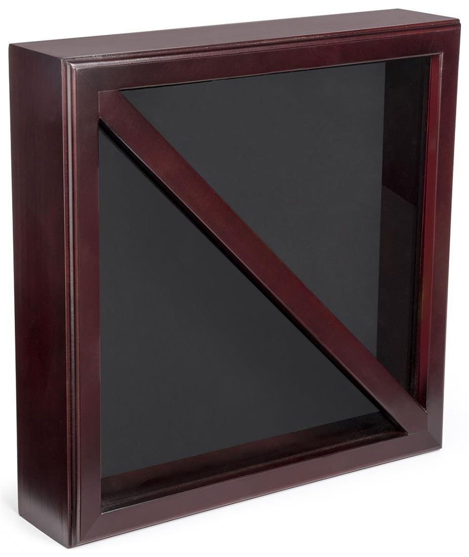 Elegant mahogany flag display box with tempered glass, showcasing dual compartments for flags and medals.