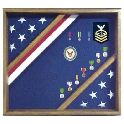 Handcrafted wood flag display box in red, white, and blue, designed to honor military service, showcasing an American flag.