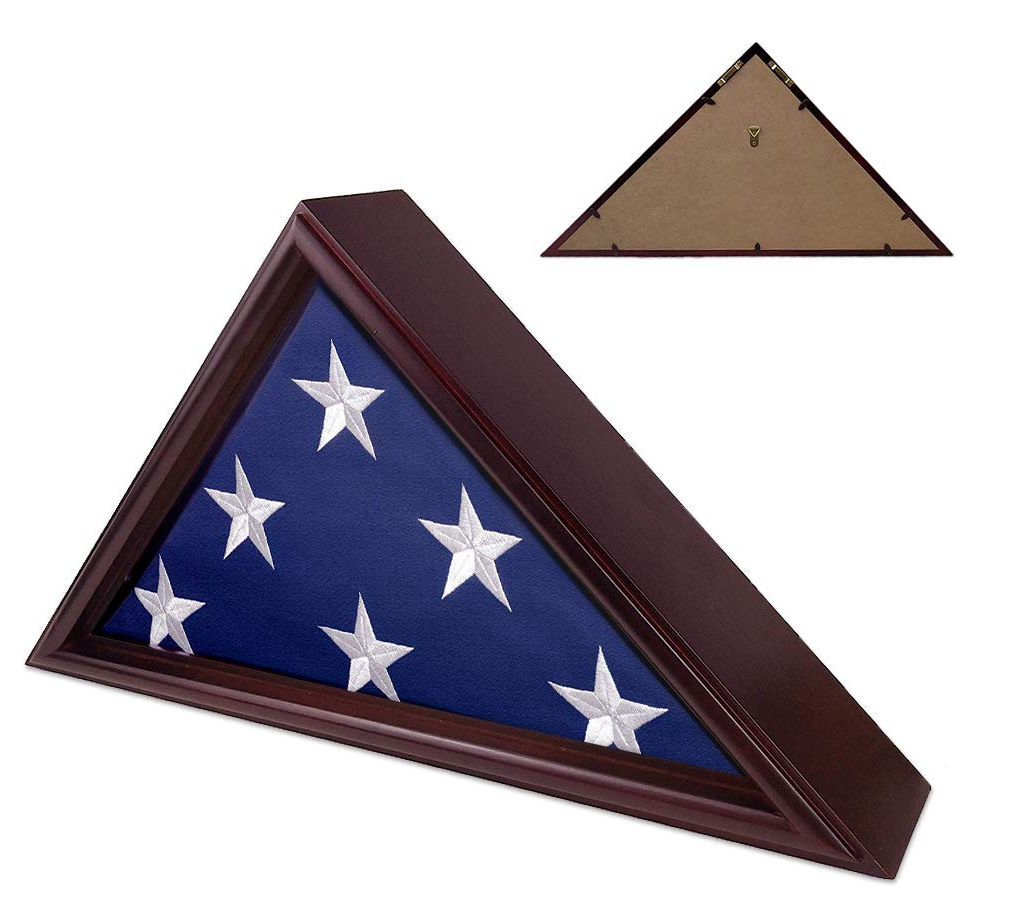 Elegant solid wood flag display case for 5' x 9.5' burial flags, featuring a clear glass face and sturdy metal hangers.