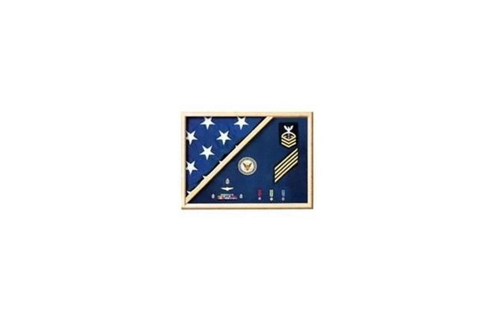 Handcrafted oak flag display case with acrylic face, designed for a 3 ft. x 5 ft. burial flag, showcasing medals and insignia.