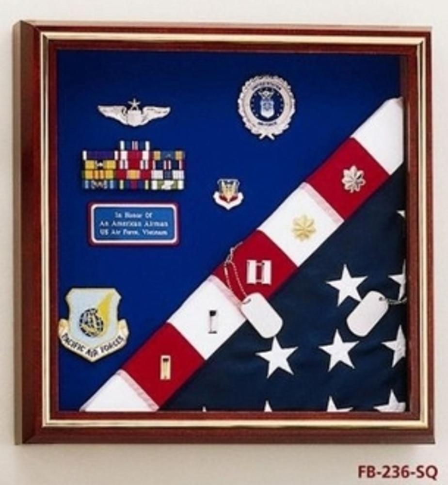 Elegant American-made flag display case with a cherry finish, showcasing a 5'x9.5' flag and medals.