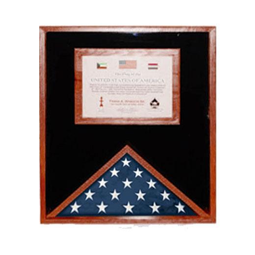 Elegant flag display case made from US hardwood in cherry, oak, or black, showcasing a 3x5 foot flag and an 8.5x11 inch document.