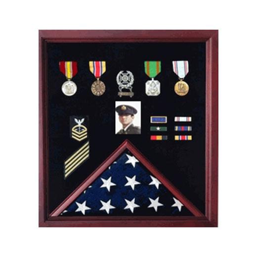 Cherry wood flag display case for medals and photos, showcasing a burial flag and certificate in an elegant design.