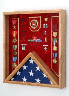 Flag Display Case Combo Awards showcasing a folded flag and medals, crafted from solid oak or walnut with a glass front.