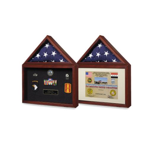 Cherry flag display case showcasing a 3ft x 5ft flag and medals, featuring a glass front and hardwood construction.