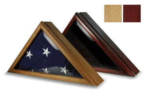 Elegant cherry wood flag display case for 5' x 9.5' flags with beveled glass front and magnetic closure.