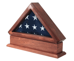 A beautifully crafted solid wood flag display case made in the USA, featuring a glass front and available in three elegant finishes.