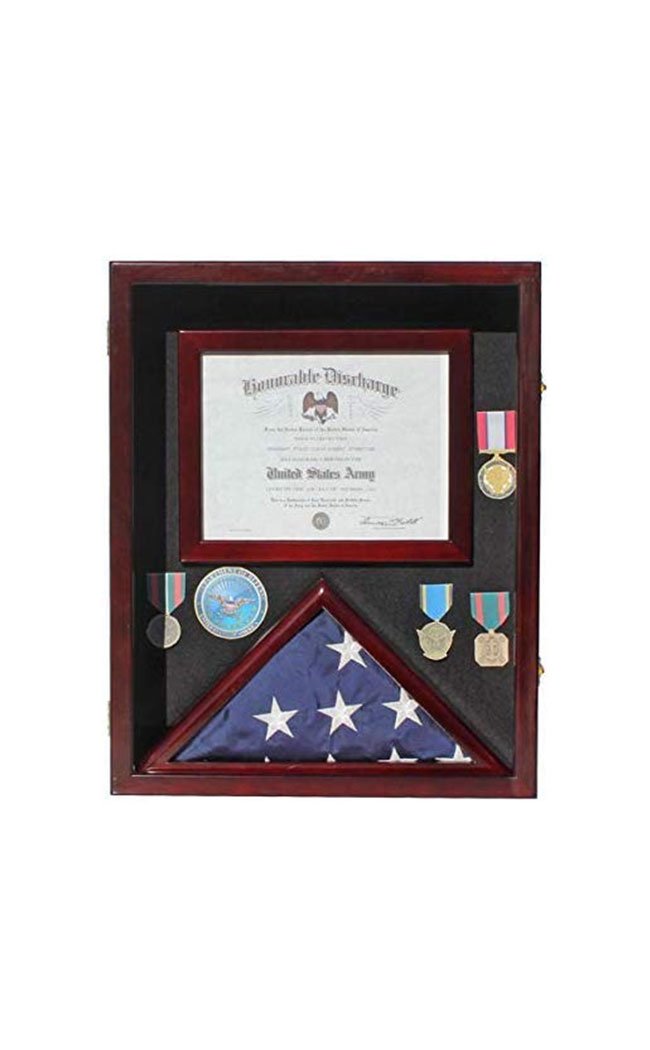 Flag Display Case Medal Shadow Box showcasing a folded 3'X5' flag, medals, and a certificate holder, crafted from solid wood.