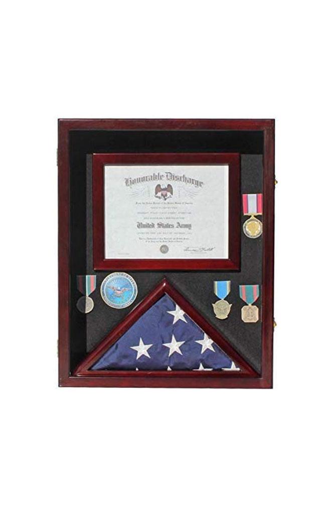Flag Display Case Pin Medal Shadow Box showcasing a folded 3'X5' flag, medals, and a certificate holder, crafted from solid wood.